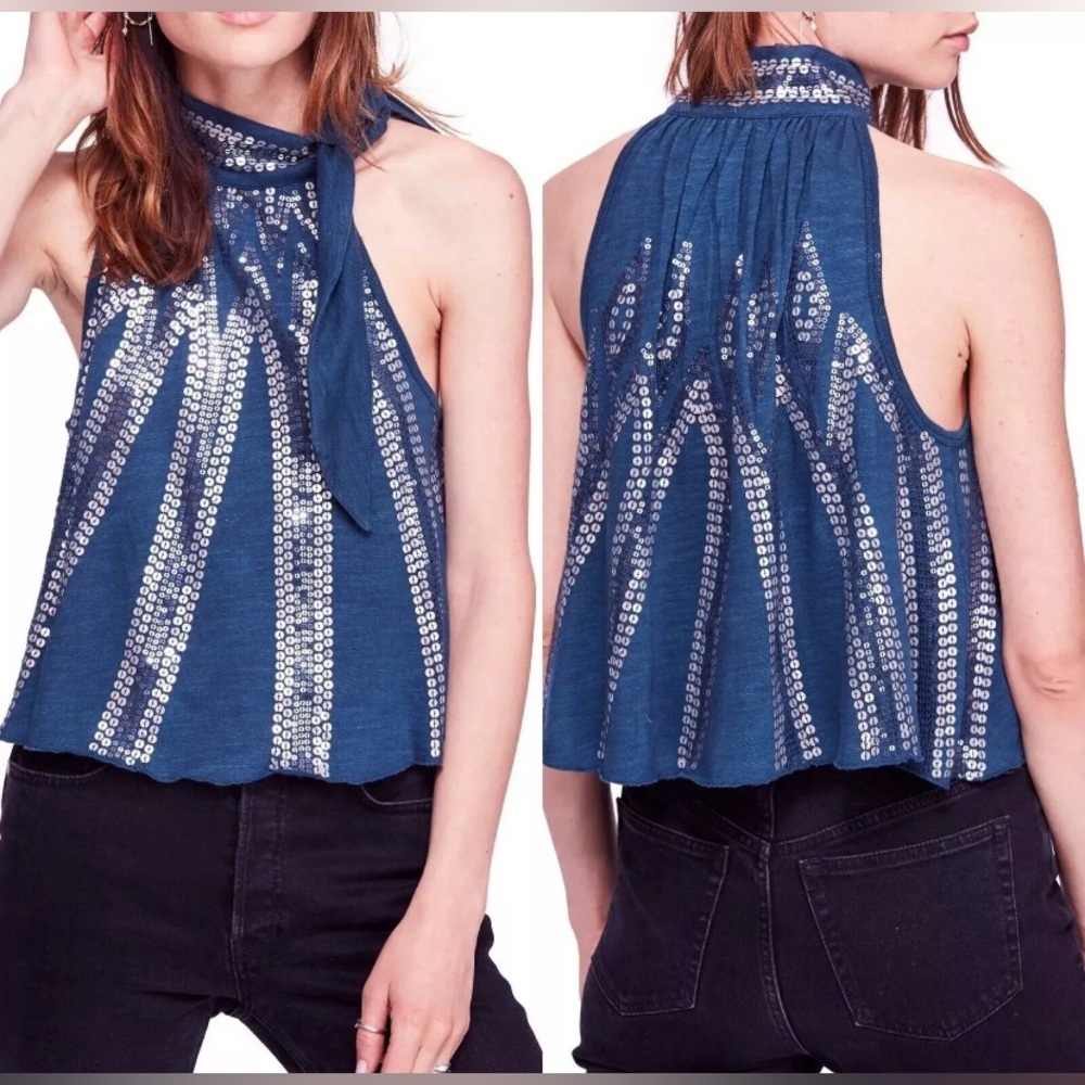 Free People Glitter City Tie Neck Mock Dark Turquoise Halter Sequin Top XS
